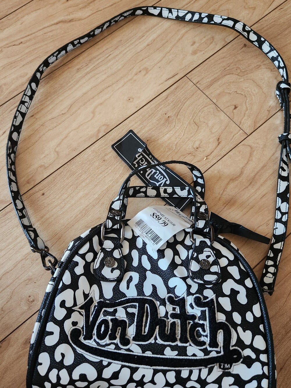 Von Dutch Black and White Printed Dome Crossbody Bag
